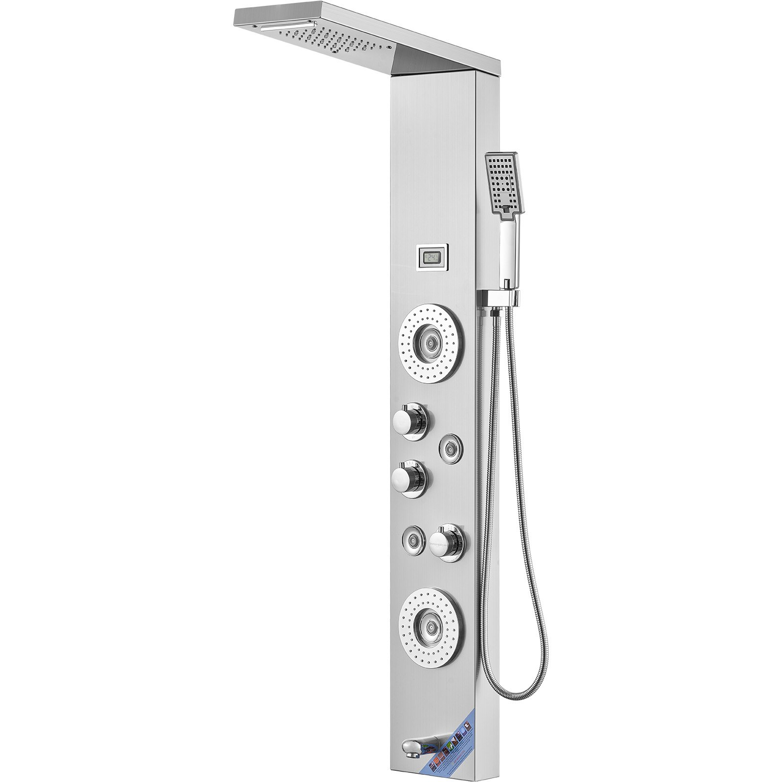 Start2Finish VEVOR shower panel system with LED display, rainfall and waterfall shower modes, body jets, tub spout, and handheld shower.