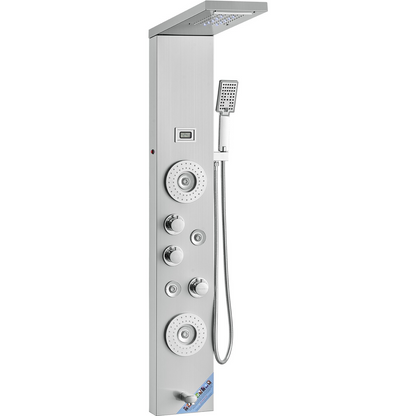 Start2Finish VEVOR shower panel system with 6 modes, LED display, rainfall, waterfall, massage jets, tub spout, and handheld shower.