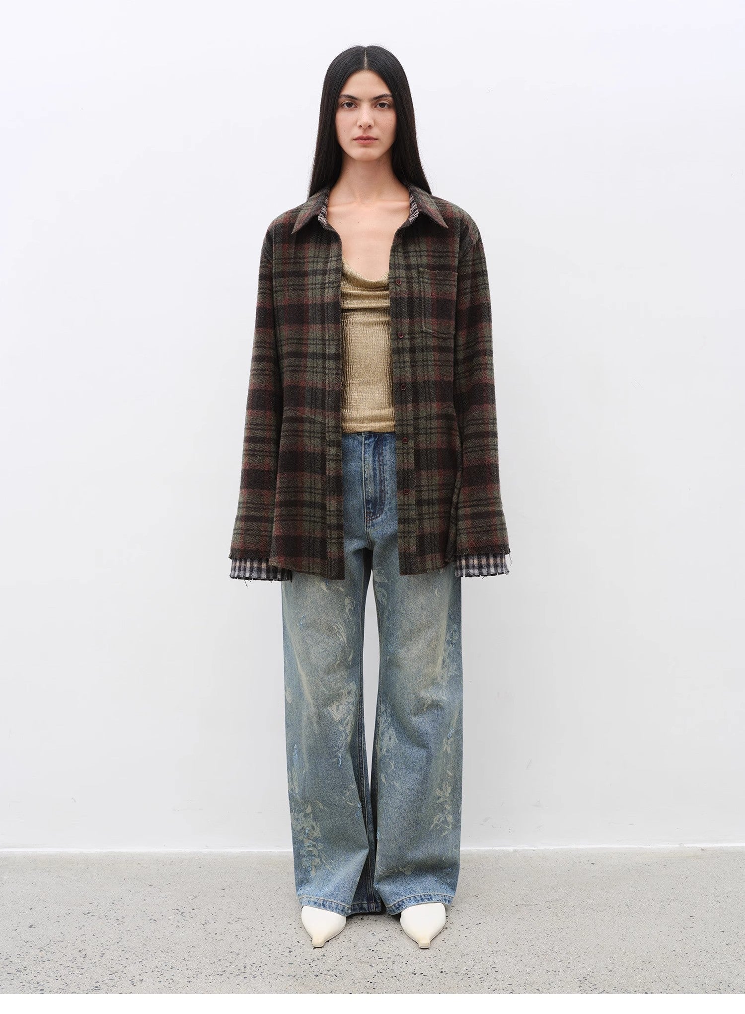 Brown Coeus Denim Shadow retro washed layered casual jacket with printed design and slim fit, made of cotton fabric.