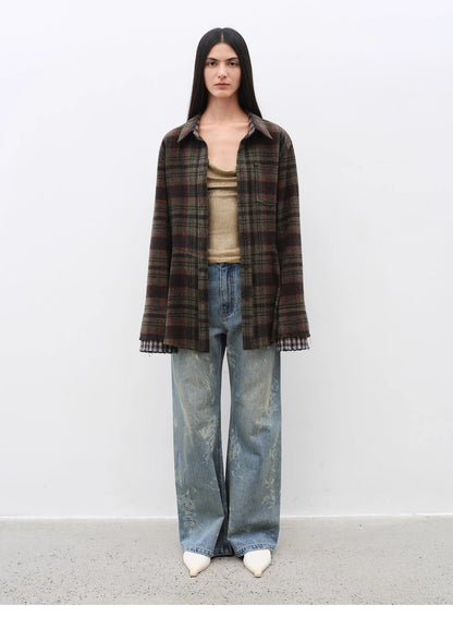 Brown Coeus Denim Shadow retro washed layered casual jacket with printed design and slim fit, made of cotton fabric.