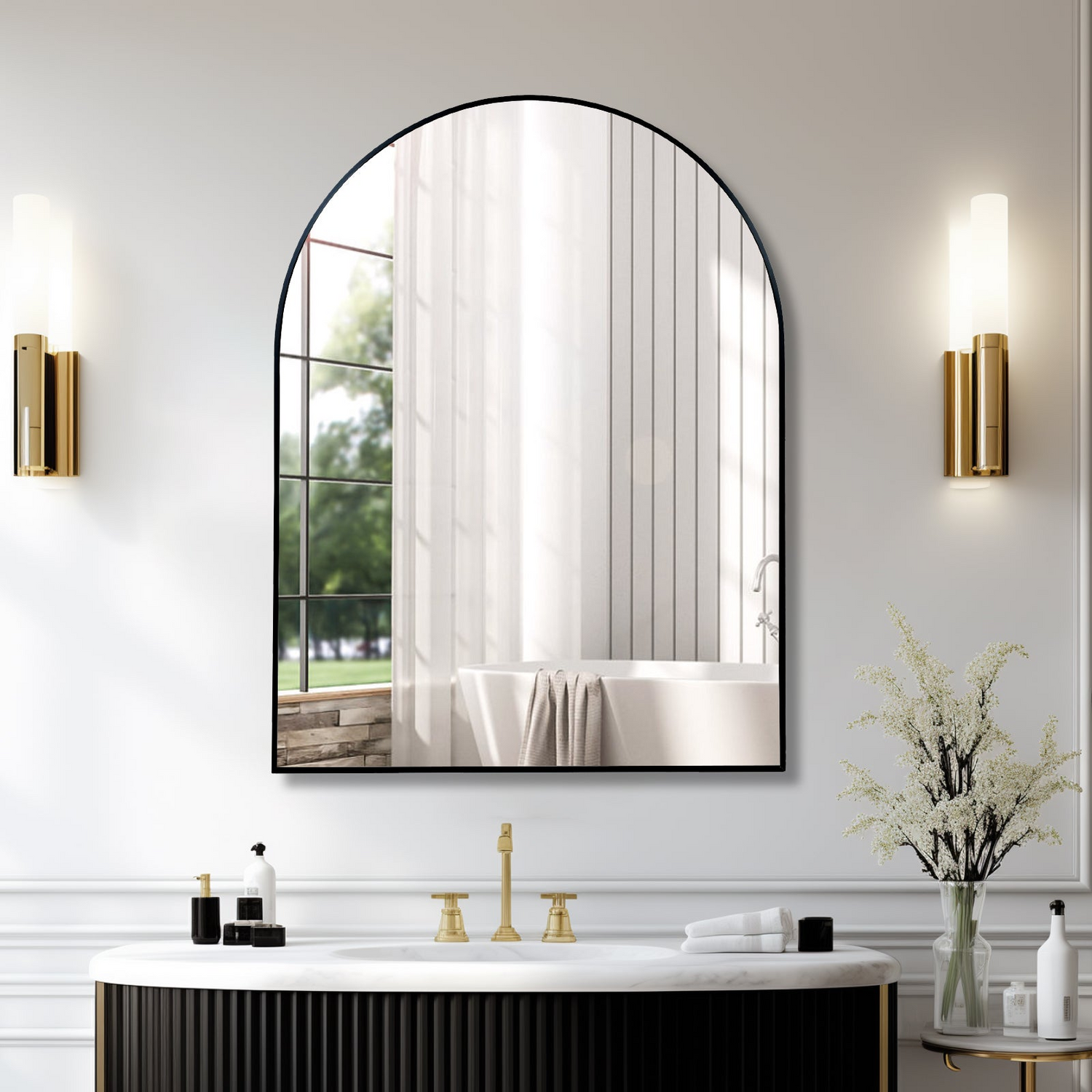 Large arched metal frame wall mirror by Start2Finish, suitable for bathroom vanity, bedroom, or entryway decor.