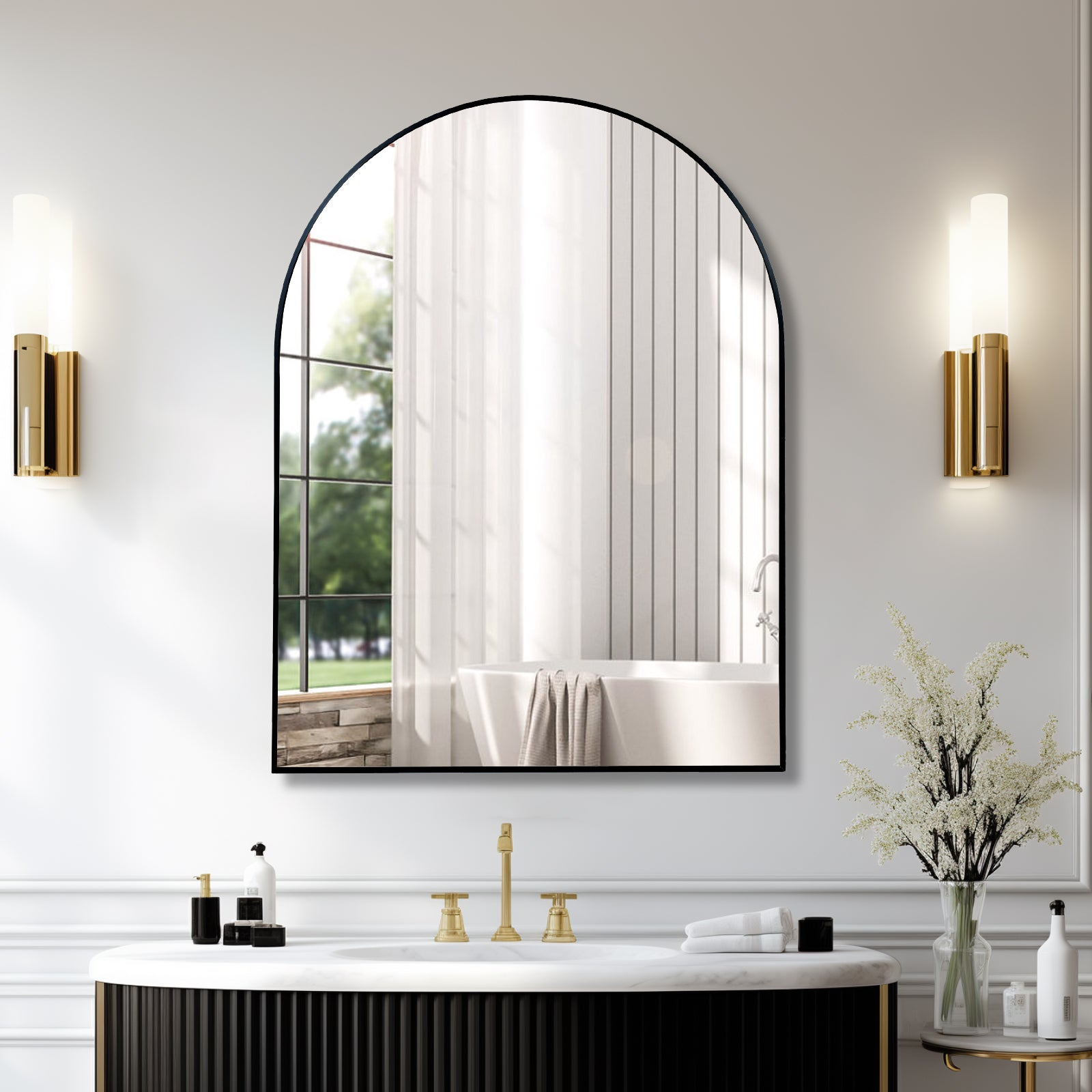 Large arched metal frame wall mirror by Start2Finish, suitable for bathroom vanity, bedroom, or entryway decor.