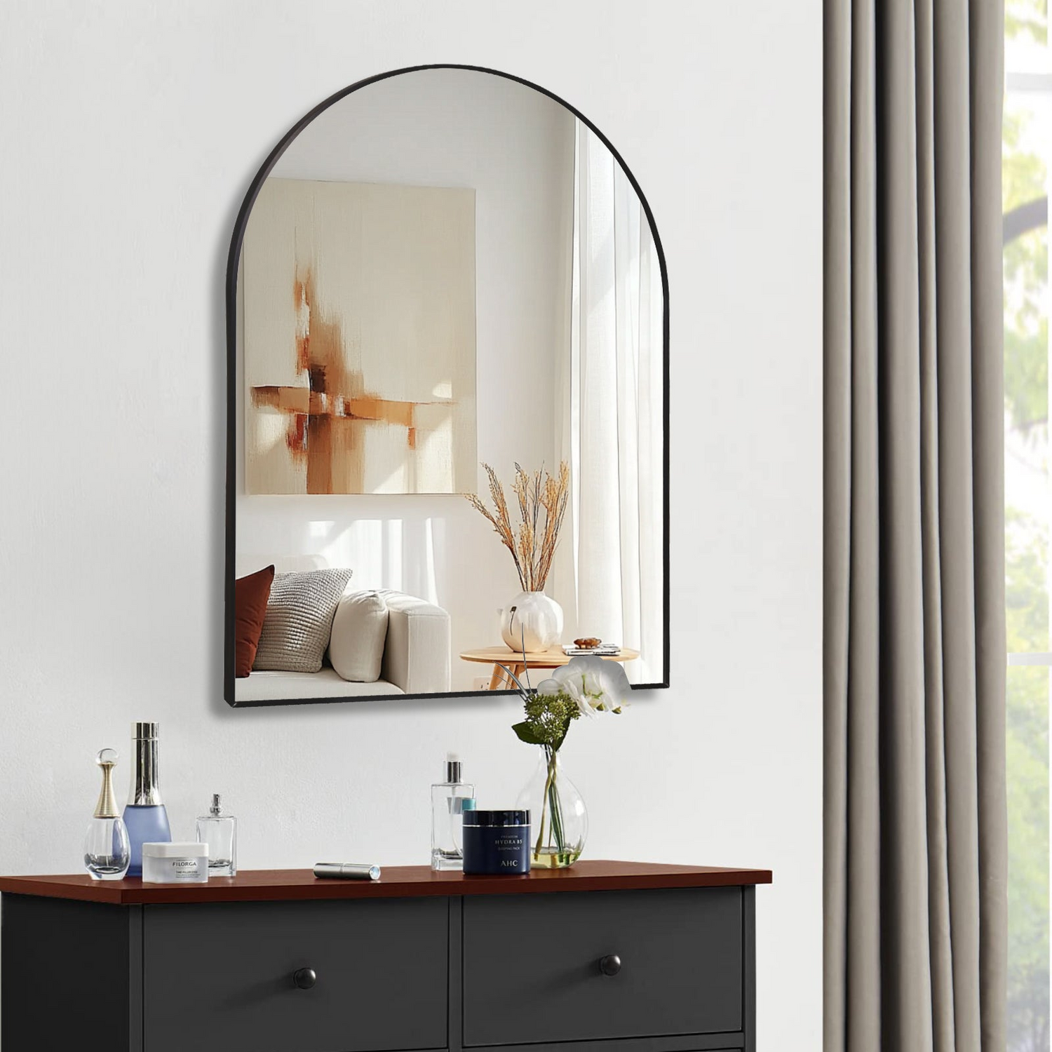 Large arched metal frame wall mirror by Start2Finish, ideal for bathroom, bedroom, or entryway decor.