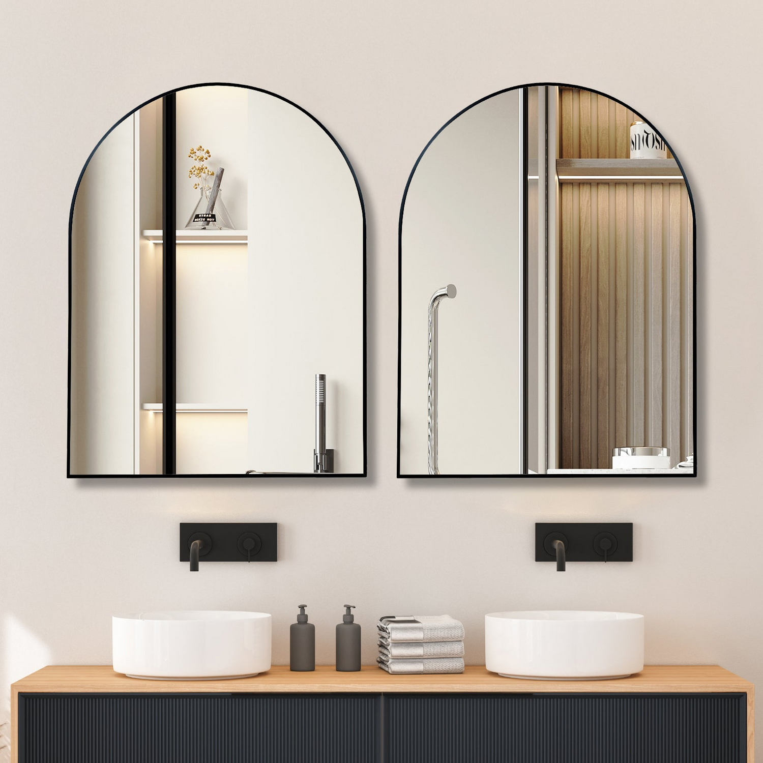 Large arched metal frame wall mirror by Start2Finish, ideal for bathroom vanity, bedroom, or entryway decor.