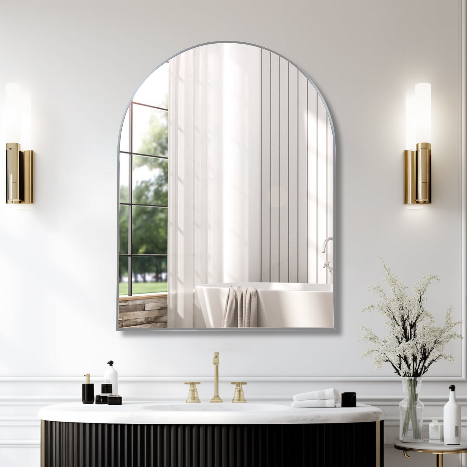 Large arched metal frame wall mirror by Start2Finish, ideal for bathroom vanity, bedroom, or entryway decor.