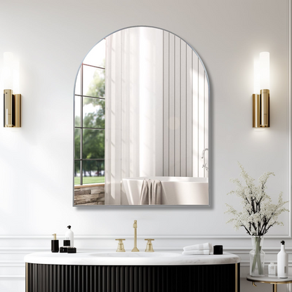 Large arched metal frame wall mirror by Start2Finish, ideal for bathroom vanity, bedroom, or entryway decor.