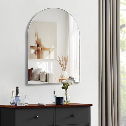 Large arched metal frame wall mirror by Start2Finish, suitable for bathroom vanity, bedroom, or entryway decor.