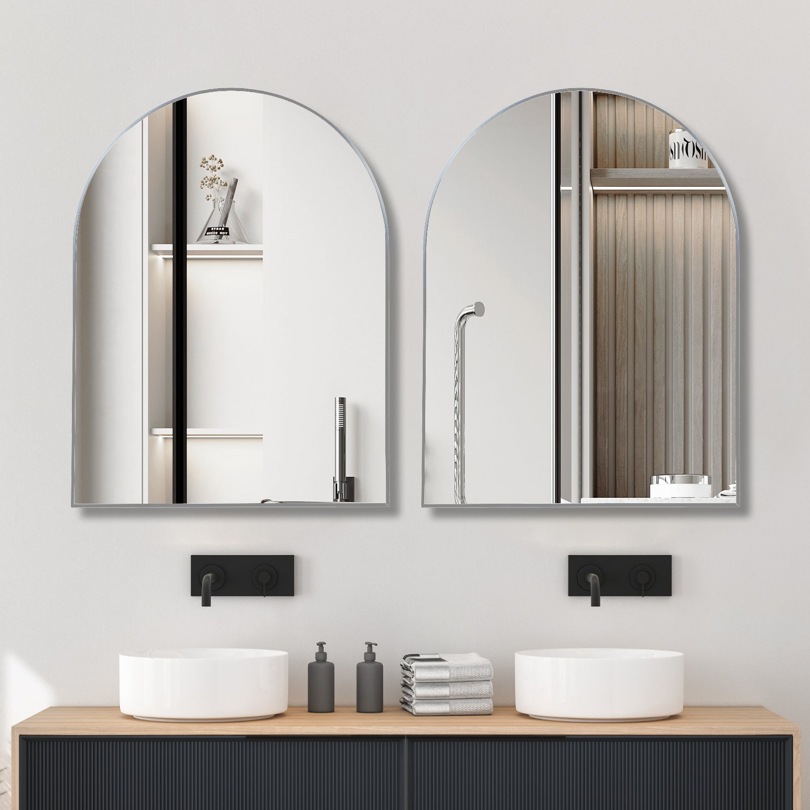 Large arched metal frame wall mirror by Start2Finish, ideal for bathroom vanity, bedroom, or entryway decor.