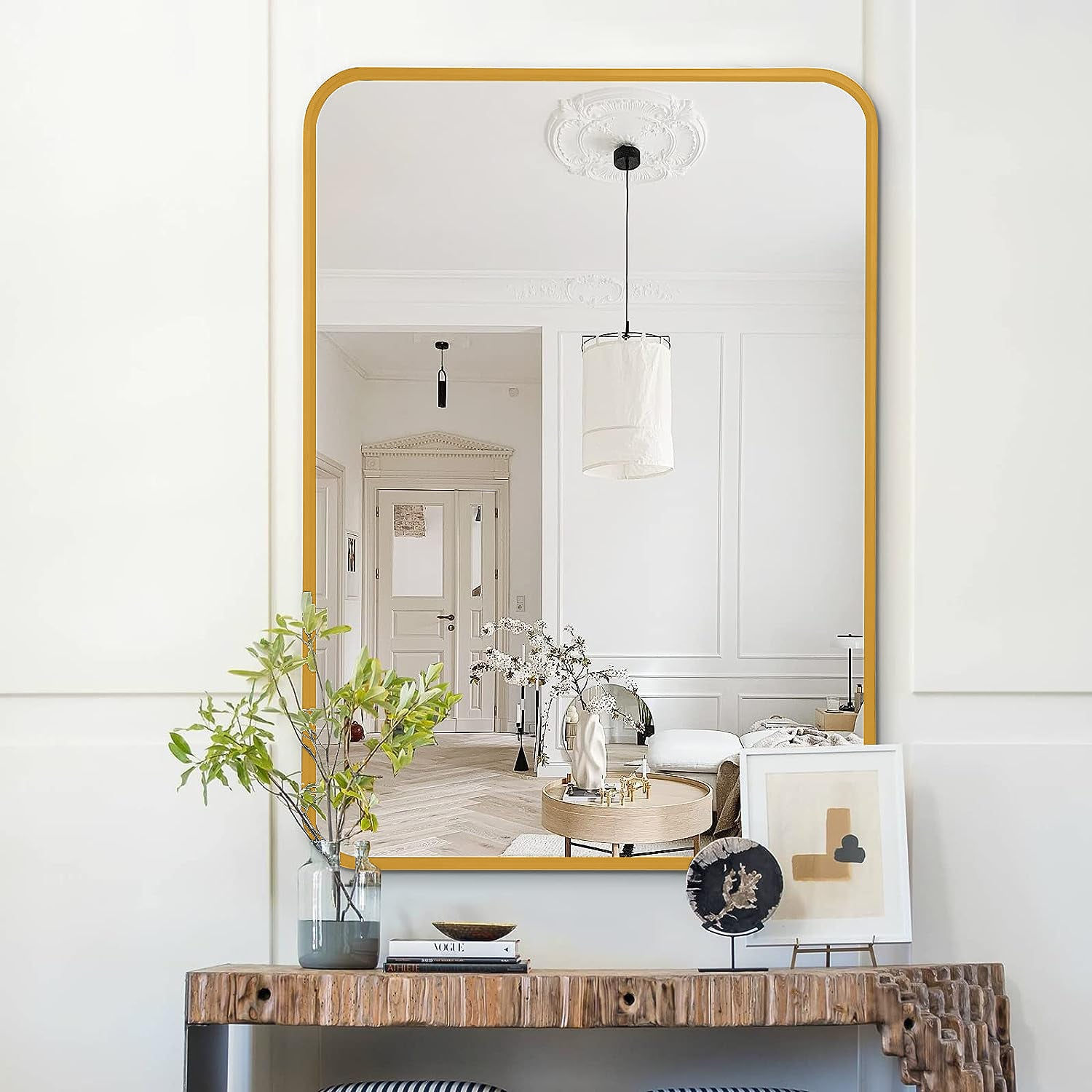 Rectangular metal frame wall mirror for bathroom vanity, bedroom, or entryway decor, with sleek silver finish and modern design.