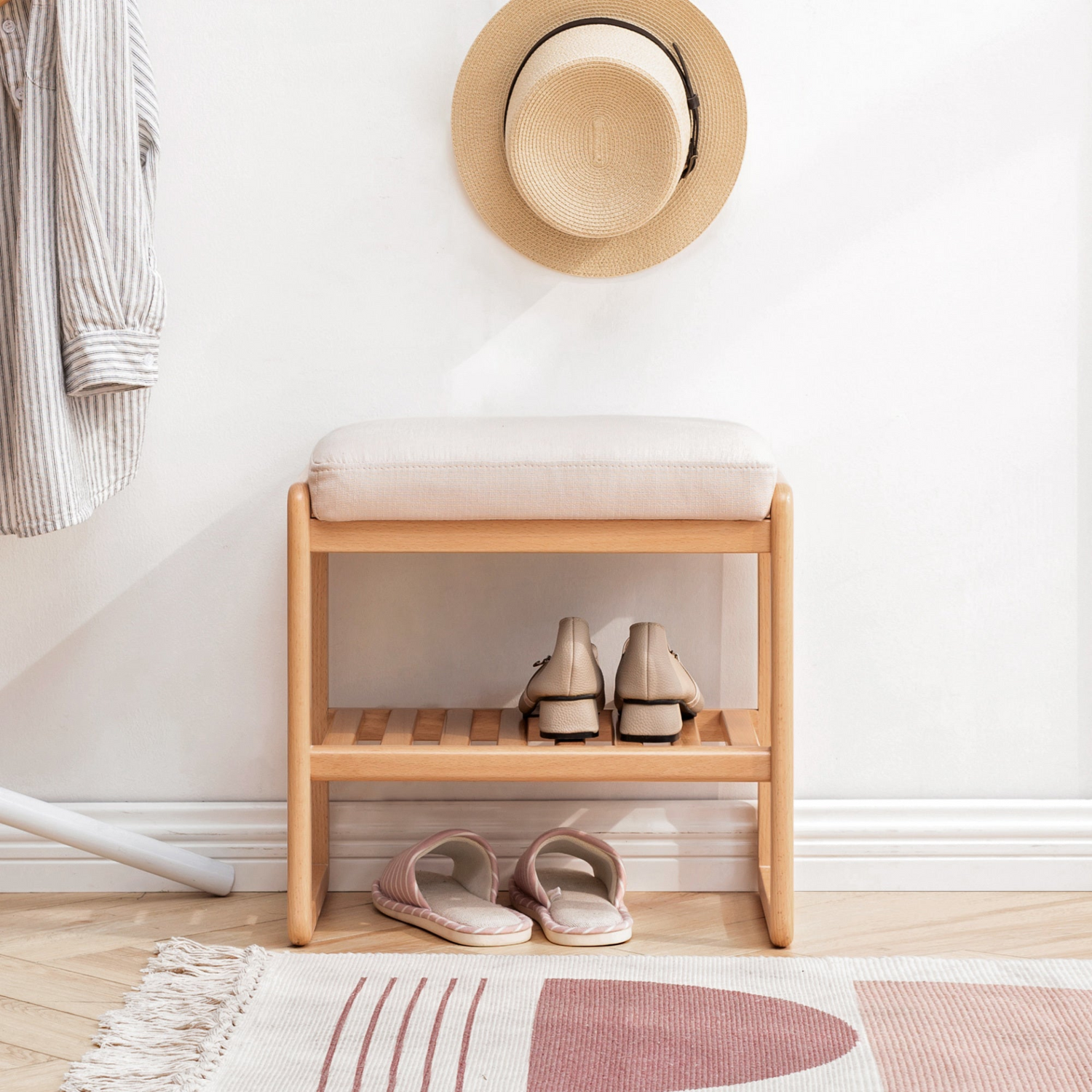 Start2Finish shoe storage bench made of solid wood with cushioned seat, ideal for entryway shoe organization and furniture.