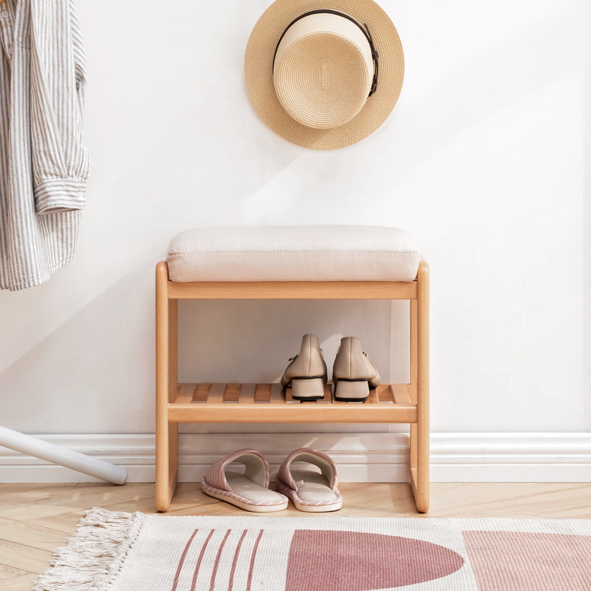 Start2Finish shoe storage bench made of solid wood with cushioned seat, ideal for entryway shoe organization and furniture.