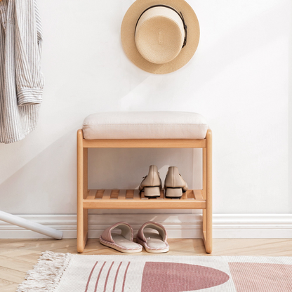 Start2Finish shoe storage bench made of solid wood with cushioned seat, ideal for entryway shoe organization and furniture.