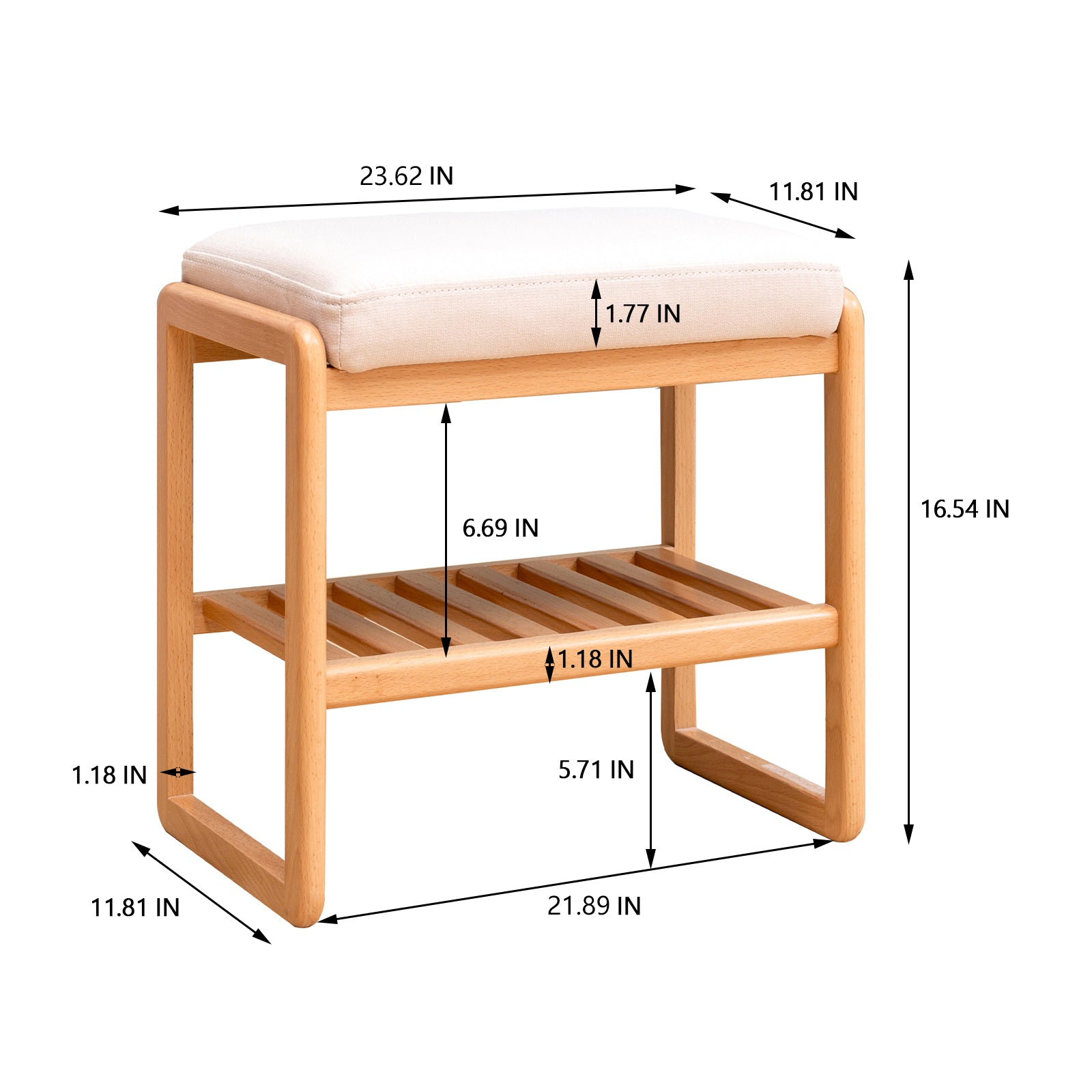 Start2Finish wooden shoe storage bench with cushioned seat and natural finish, ideal for entryway shoe organization and furniture.