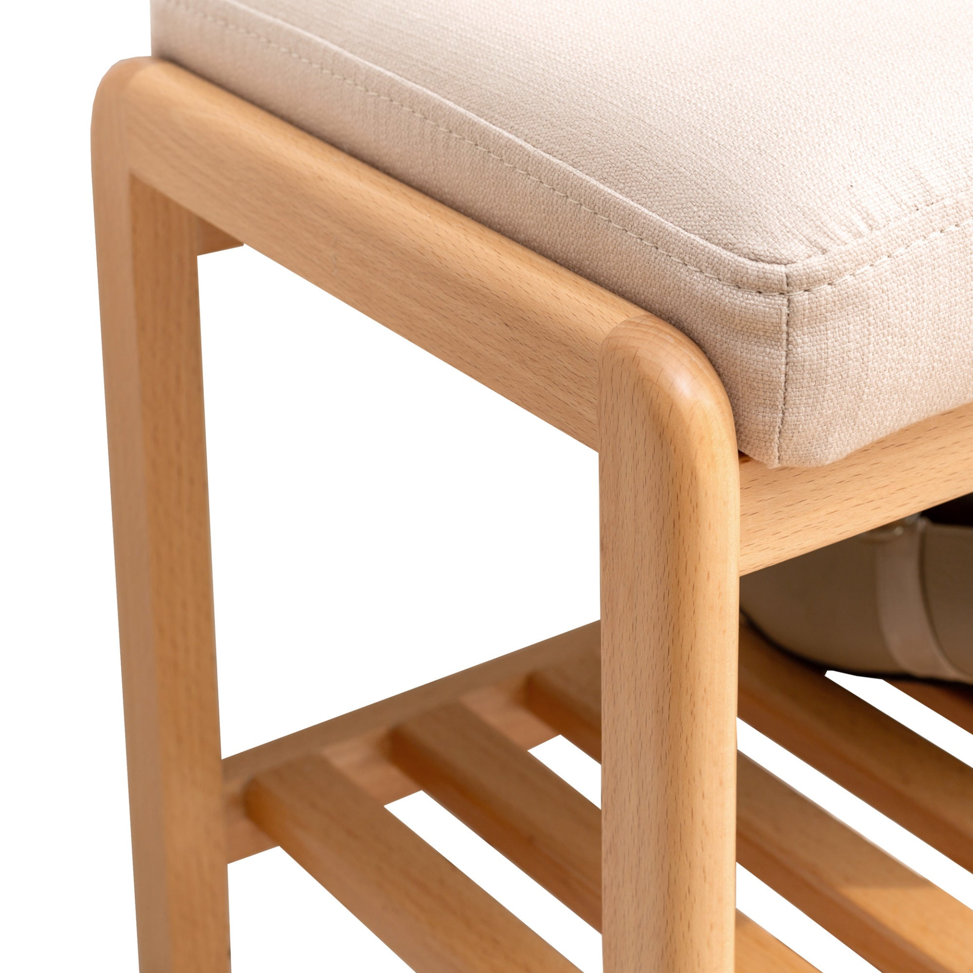 Start2Finish shoe storage bench with cushioned seat and solid wood natural finish, ideal for entryway shoe organization