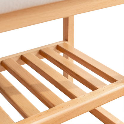 Start2Finish shoe storage bench with solid natural wood frame and cushioned top for entryway shoe organization and seating.