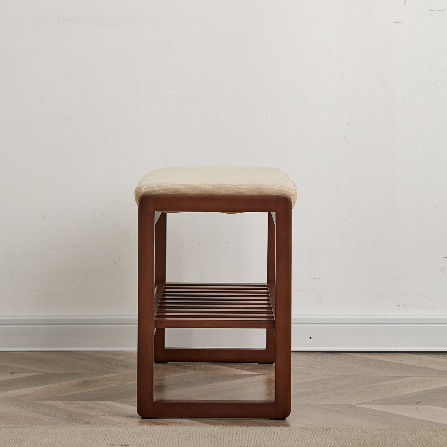 Start2Finish shoe storage bench with solid wood frame, cushioned seat, ideal for entryway shoe organization and natural wood finish.