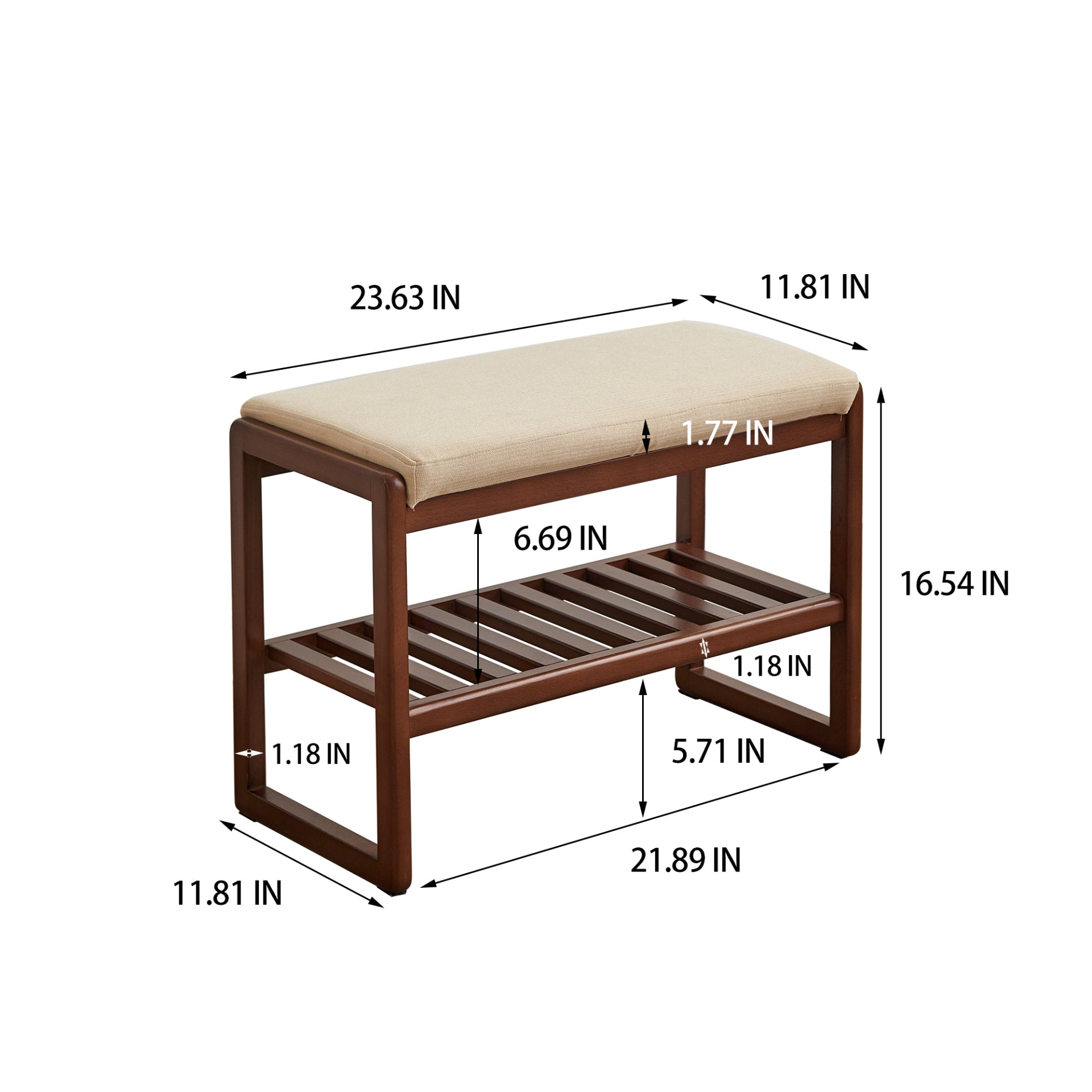 Start2Finish shoe storage bench with solid wood frame, cushioned seat, natural finish, ideal for entryway shoe organization.