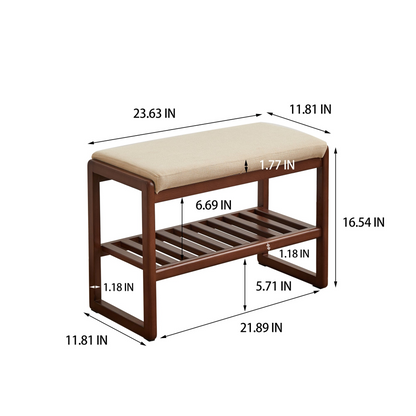 Start2Finish shoe storage bench with solid wood frame, cushioned seat, natural finish, ideal for entryway shoe organization.