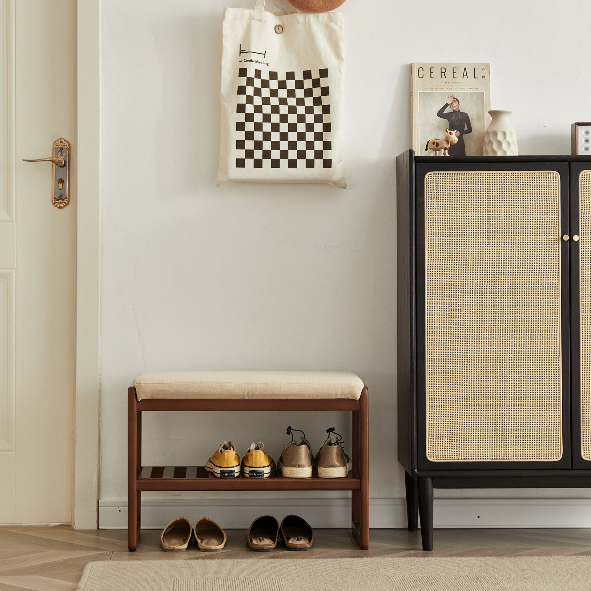 Solid wood Start2Finish shoe storage bench with cushioned seat and natural finish, ideal for entryway shoe organization and seating.