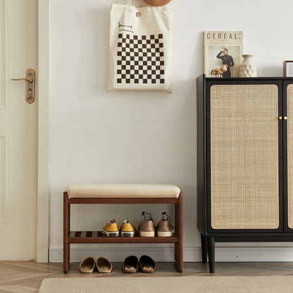 Solid wood Start2Finish shoe storage bench with cushioned seat and natural finish, ideal for entryway shoe organization and seating.