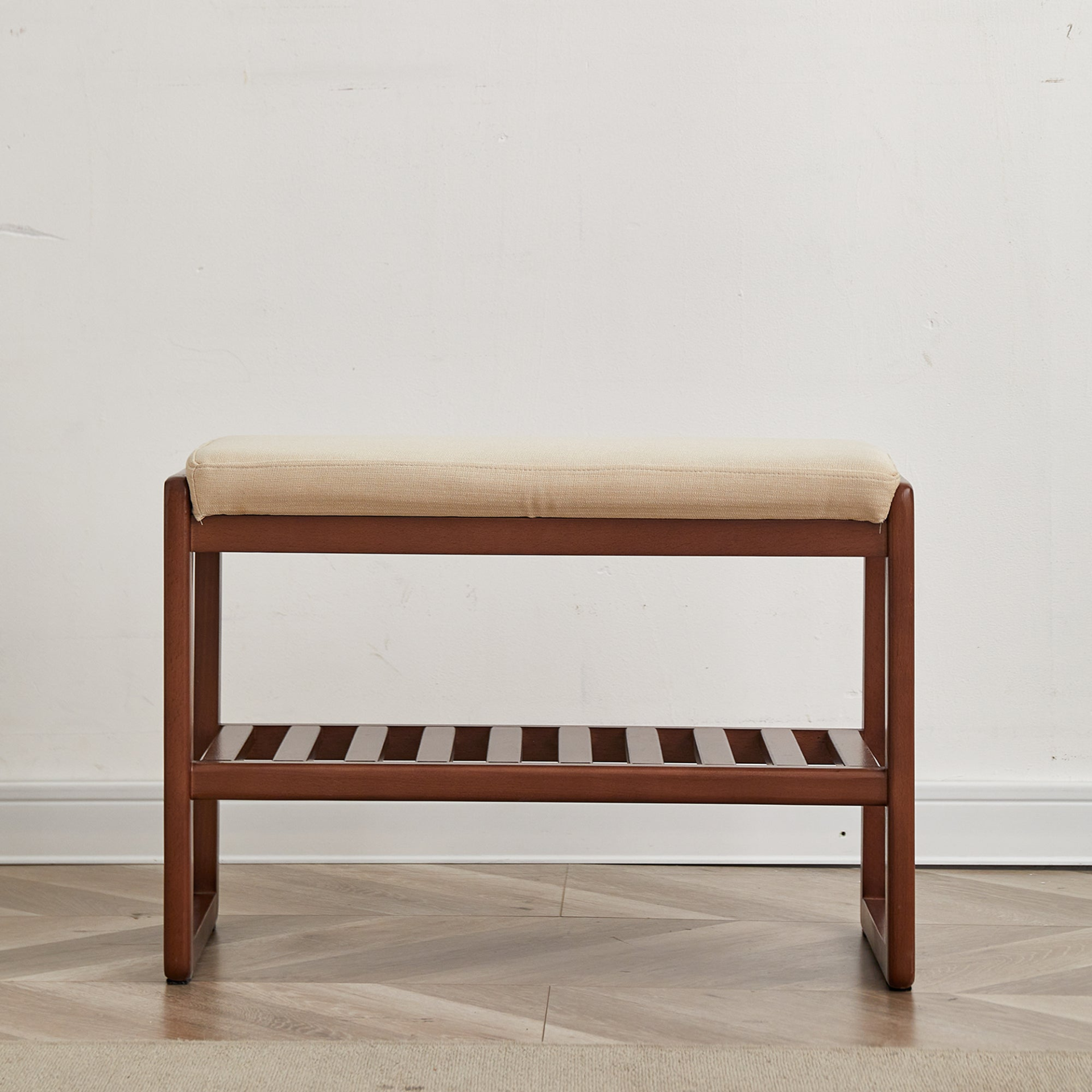 Solid wood shoe storage bench by Start2Finish with cushioned top, ideal for entryway organization and shoe storage.