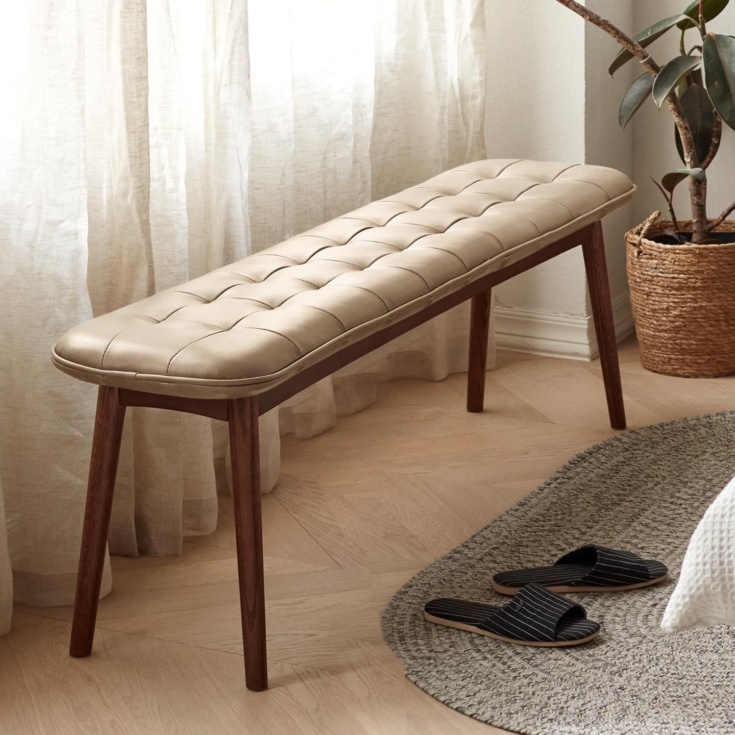 Solid wood dining bench with khaki cushioned seat, ideal for dining room or entryway seating by Start2Finish.