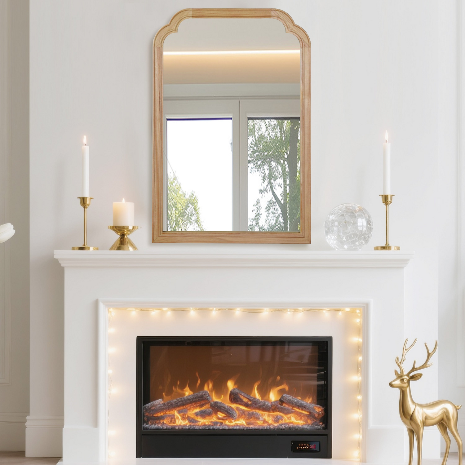 Start2Finish rounded corner solid wood wall mirror for bathroom, bedroom, entryway, or living room, featuring a sleek, natural wood frame.