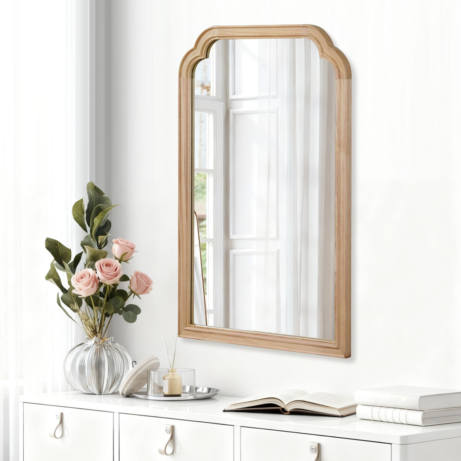 Start2Finish rounded corner solid wood wall mirror for bathroom, bedroom, entryway, or living room, showcasing a stylish home decor piece.