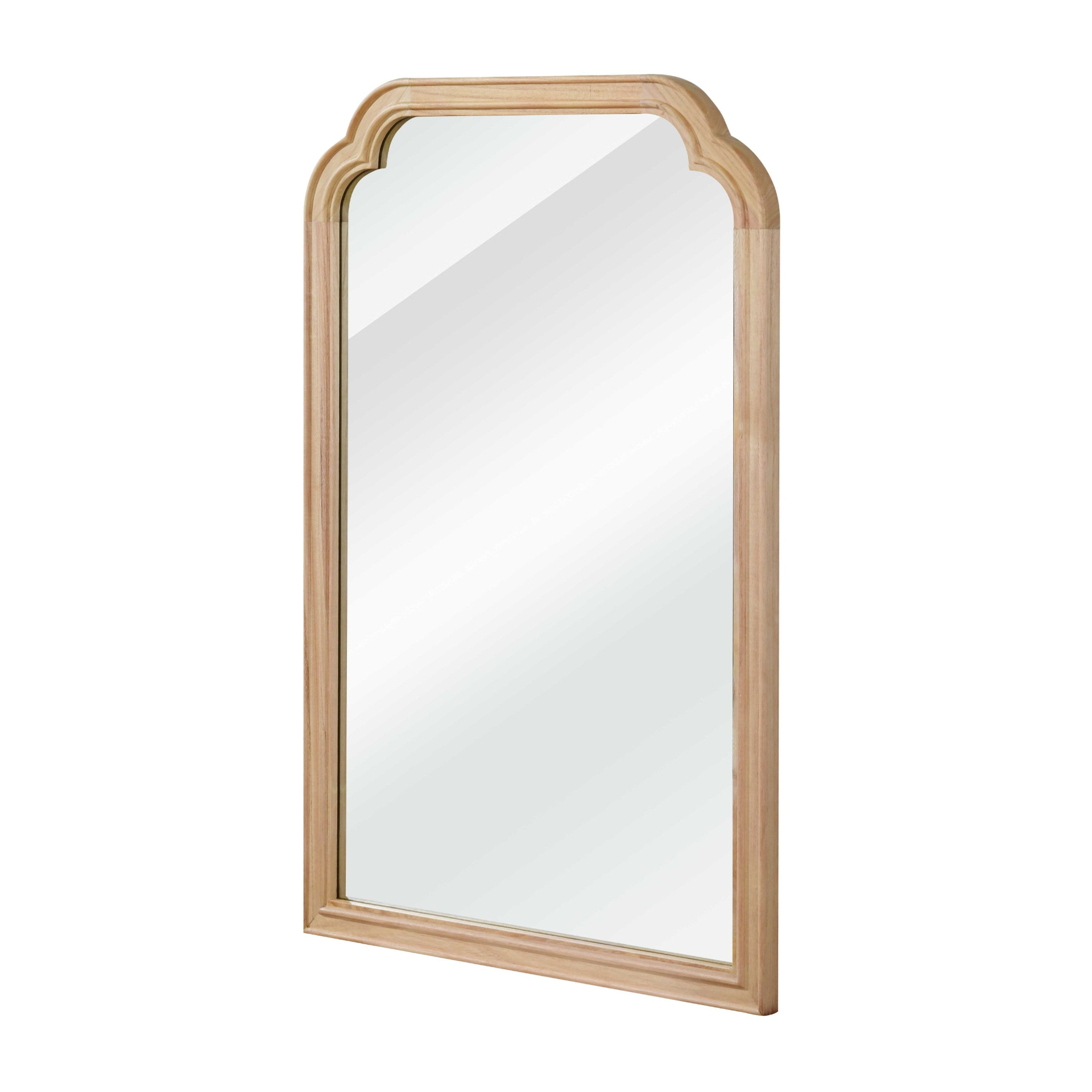 Start2Finish rounded corner solid wood wall mirror for bathroom, bedroom, entryway, or living room with a natural wood frame.