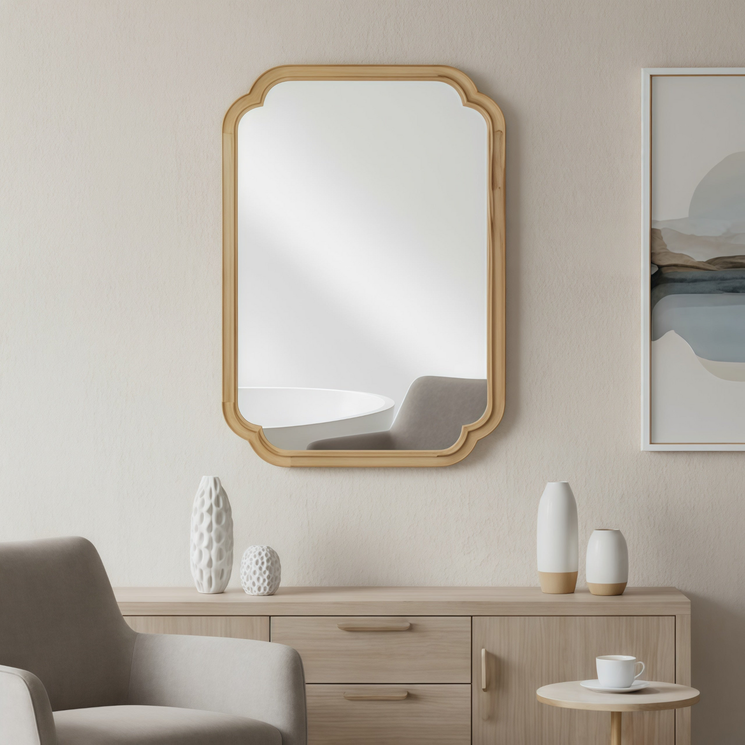 Start2Finish rounded corner solid wood wall mirror with a natural wood frame, suitable for bathroom, bedroom, entryway, or living room.