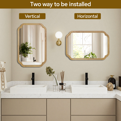 Start2Finish rounded corner solid wood wall mirror for bathroom, bedroom, entryway, or living room, showcasing a natural wood finish.