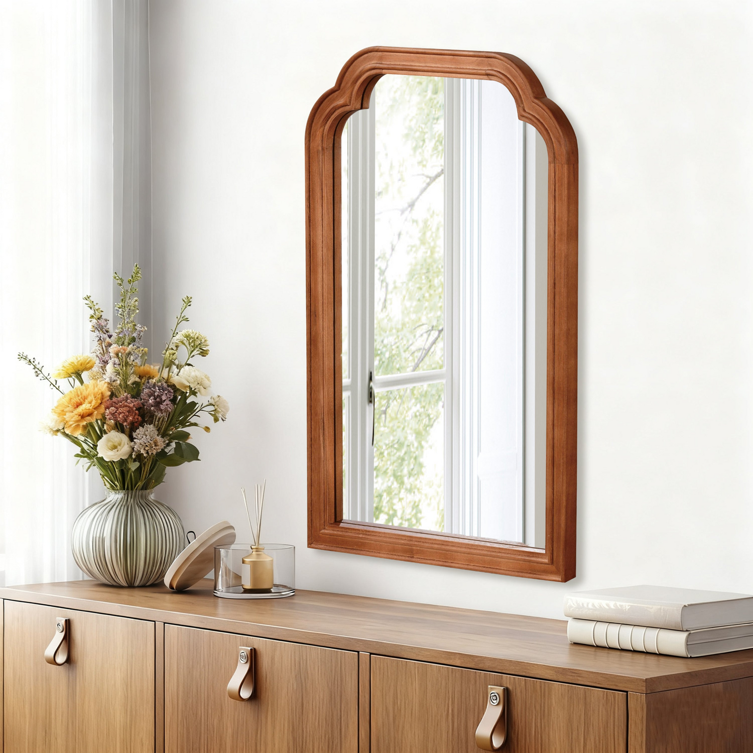 Start2Finish rounded corner solid wood wall mirror, ideal for bathroom, bedroom, entryway, or living room decor.