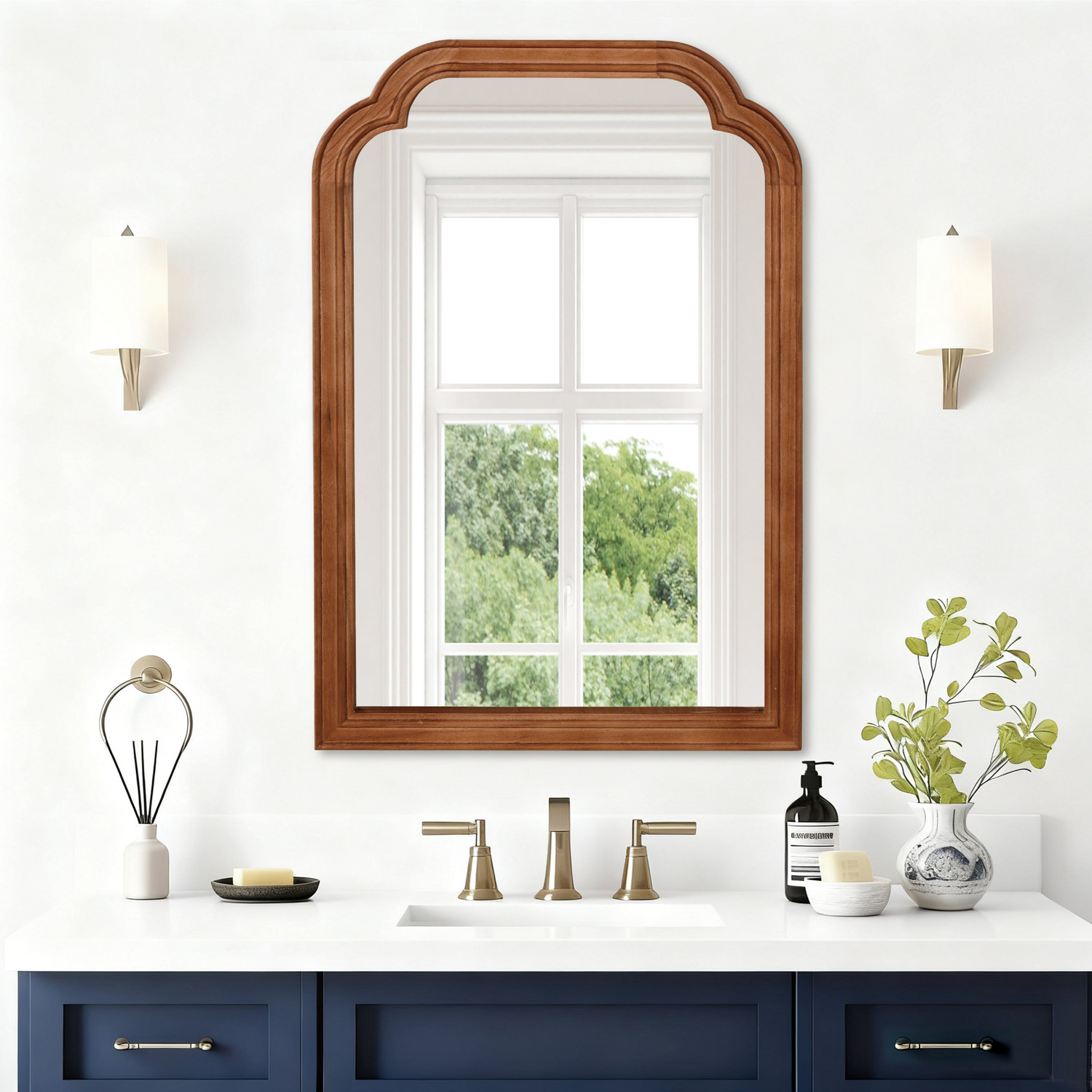 Start2Finish rounded corner solid wood wall mirror with natural finish, suitable for bathroom, bedroom, entryway, or living room decor.