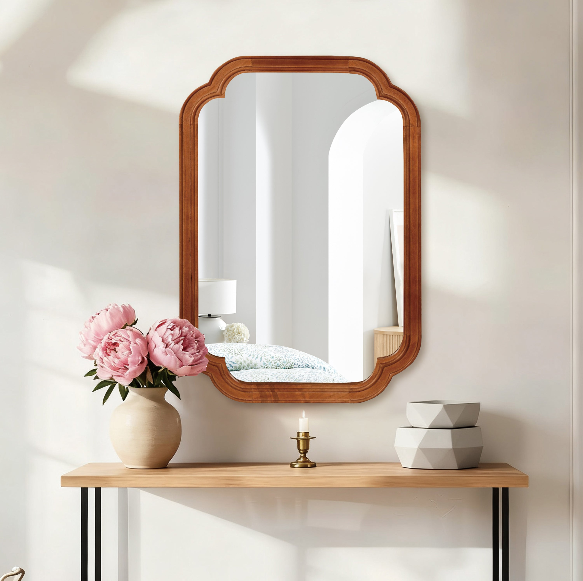 Start2Finish rounded corner solid wood wall mirror with a sleek frame, suitable for bathroom, bedroom, entryway, or living room decor.