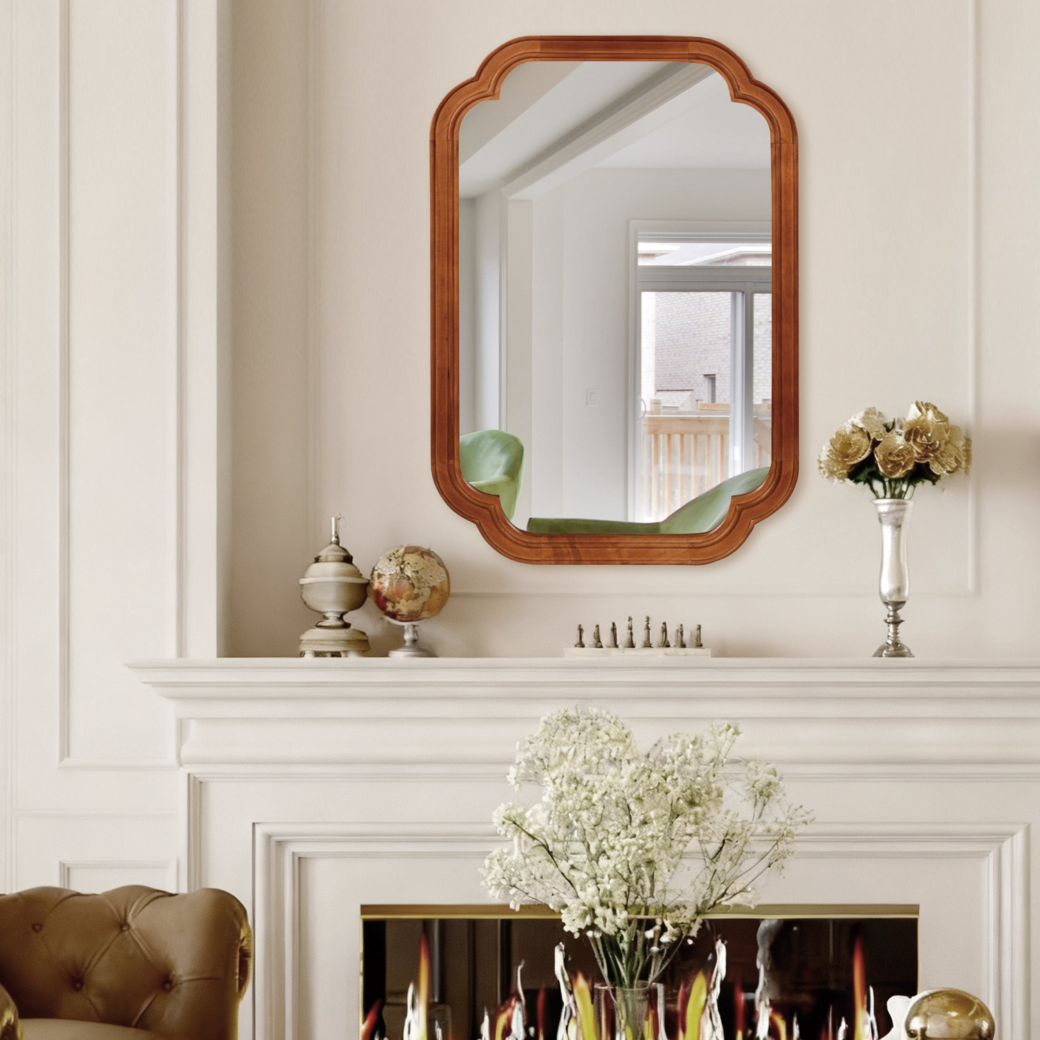 Start2Finish rounded corner solid wood wall mirror for bathroom, bedroom, or entryway, featuring a natural wood frame and clear reflective surface.