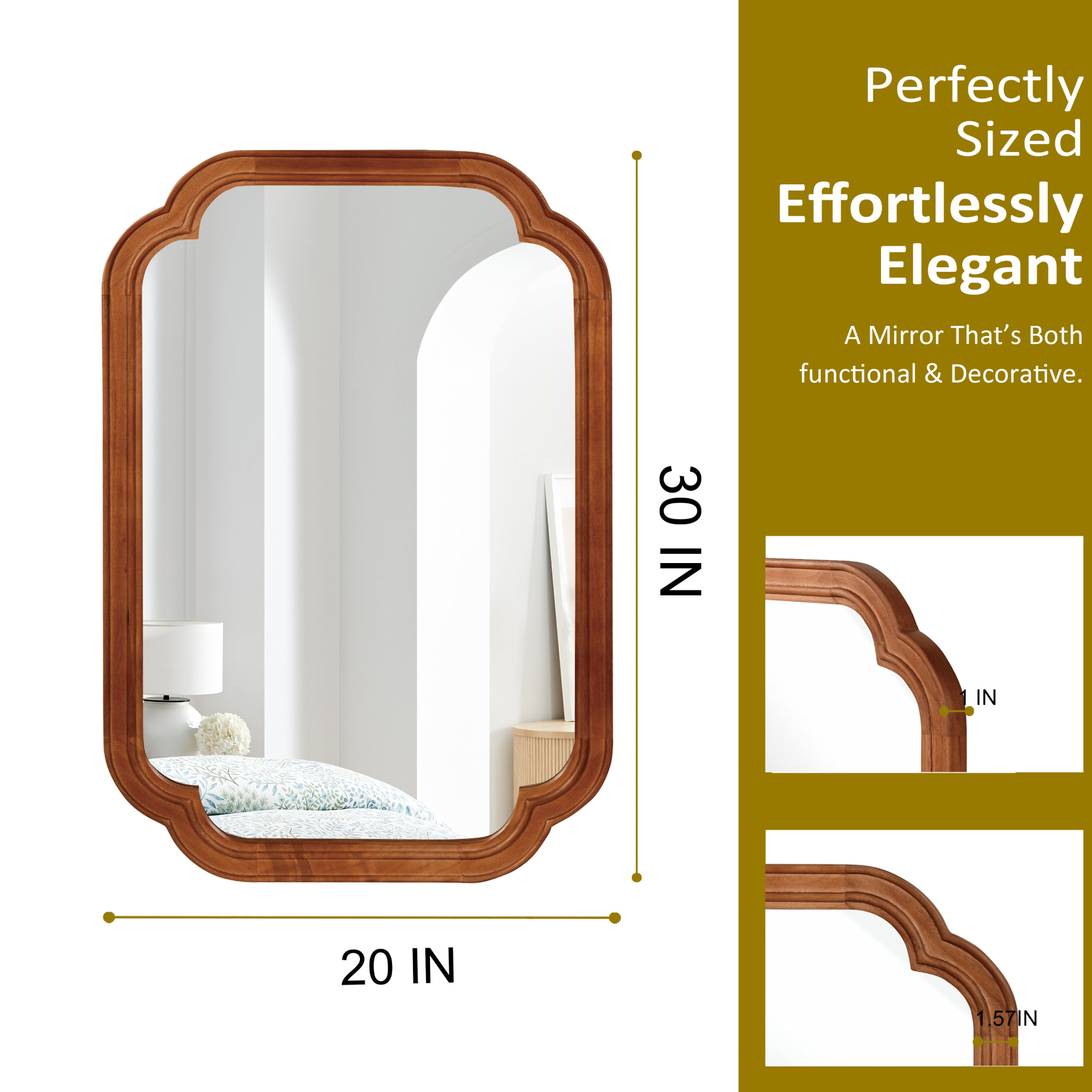 Rounded corner solid wood wall mirror by Start2Finish, ideal for bathroom, bedroom, entryway, or living room decor.