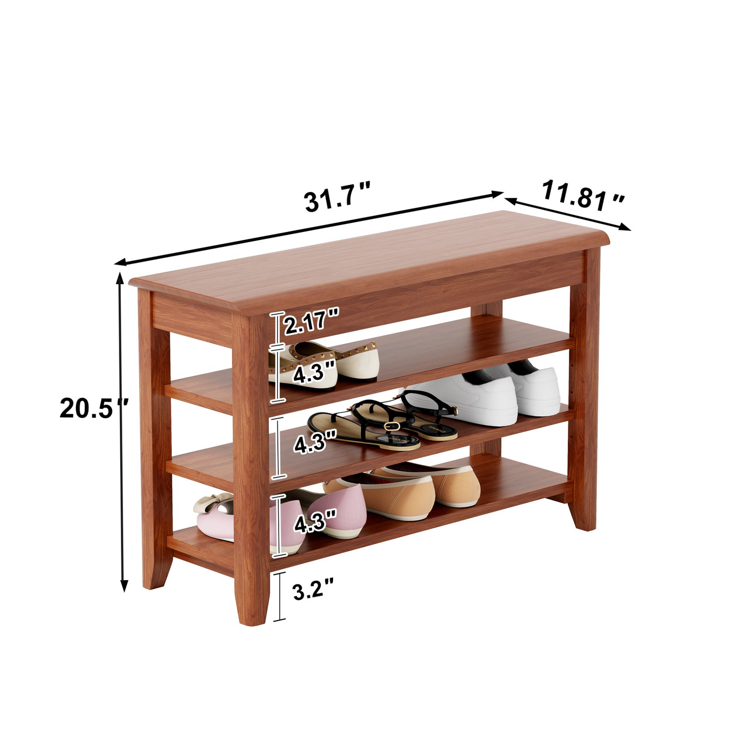 Solid wood walnut full-length mirror with coat rack and storage, adjustable sizes, ideal for bedrooms, entryways, and dressing areas.