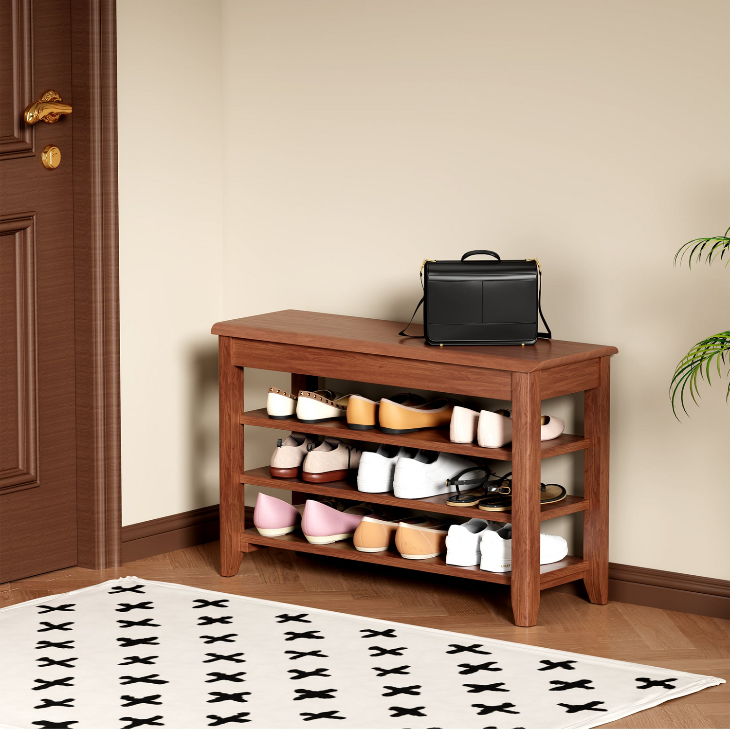 Full-length walnut wood mirror with rotating and coat rack, featuring storage and adjustable height for bedroom or entryway.