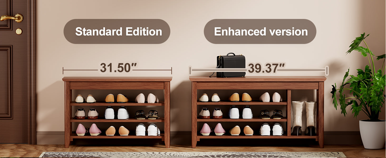 Full-length walnut wood mirror with rotating stand, coat rack and storage, in 31.5" or 39.37" sizes for bedroom or entryway.