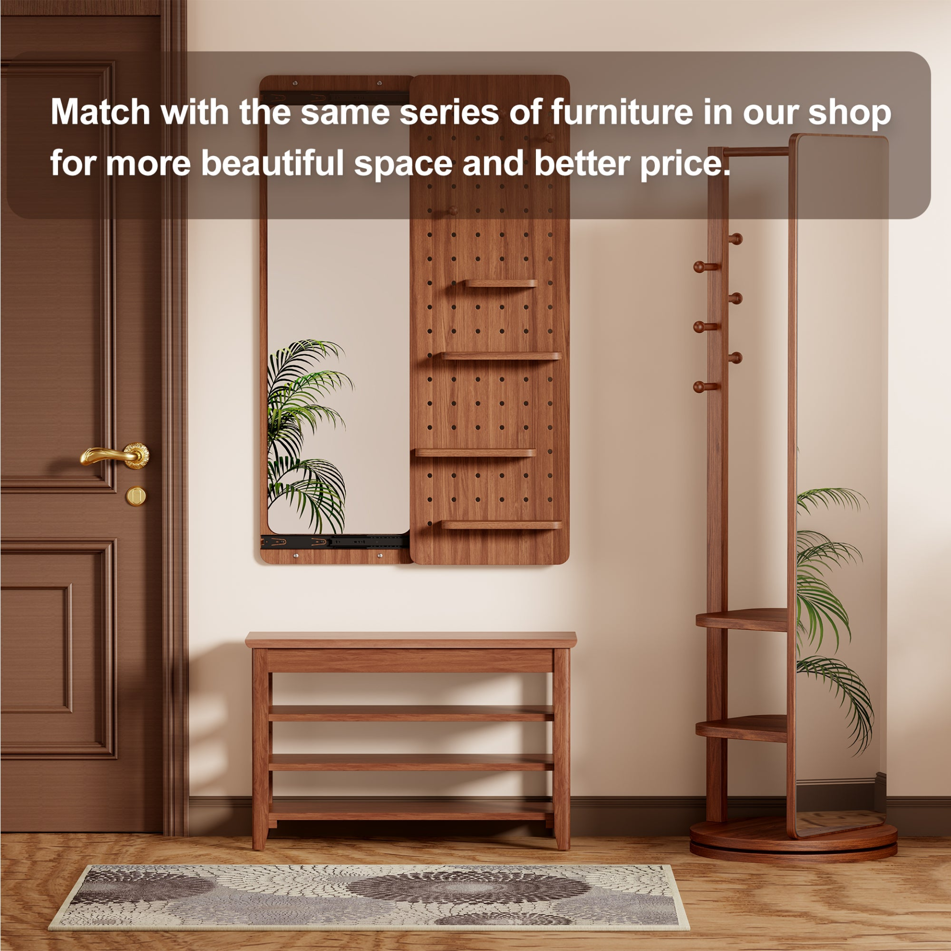 Rotating full-length walnut wood mirror with coat rack and storage, adjustable in 31.5" or 39.37" sizes for bedroom or entryway.
