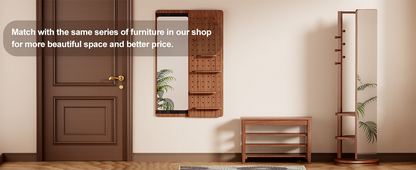 Solid wood walnut full-length mirror with coat rack, storage, and adjustable sizes for bedroom or entryway from Start2Finish.