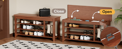 Full-length walnut wood home mirror with coat rack, storage, and adjustable height in 31.5" or 39.37" sizes for bedroom or entryway.