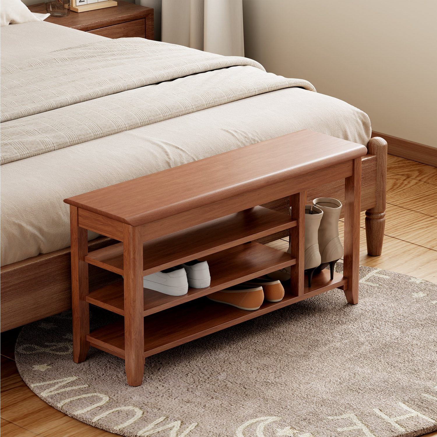 Full-length rotating wood mirror with coat rack and storage in walnut, available in 31.5" and 39.37" sizes for bedroom or entryway.