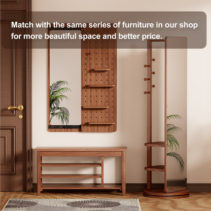 Full-length walnut wood rotating mirror with coat rack and storage, available in 31.5" and 39.37" sizes for bedroom or entryway.