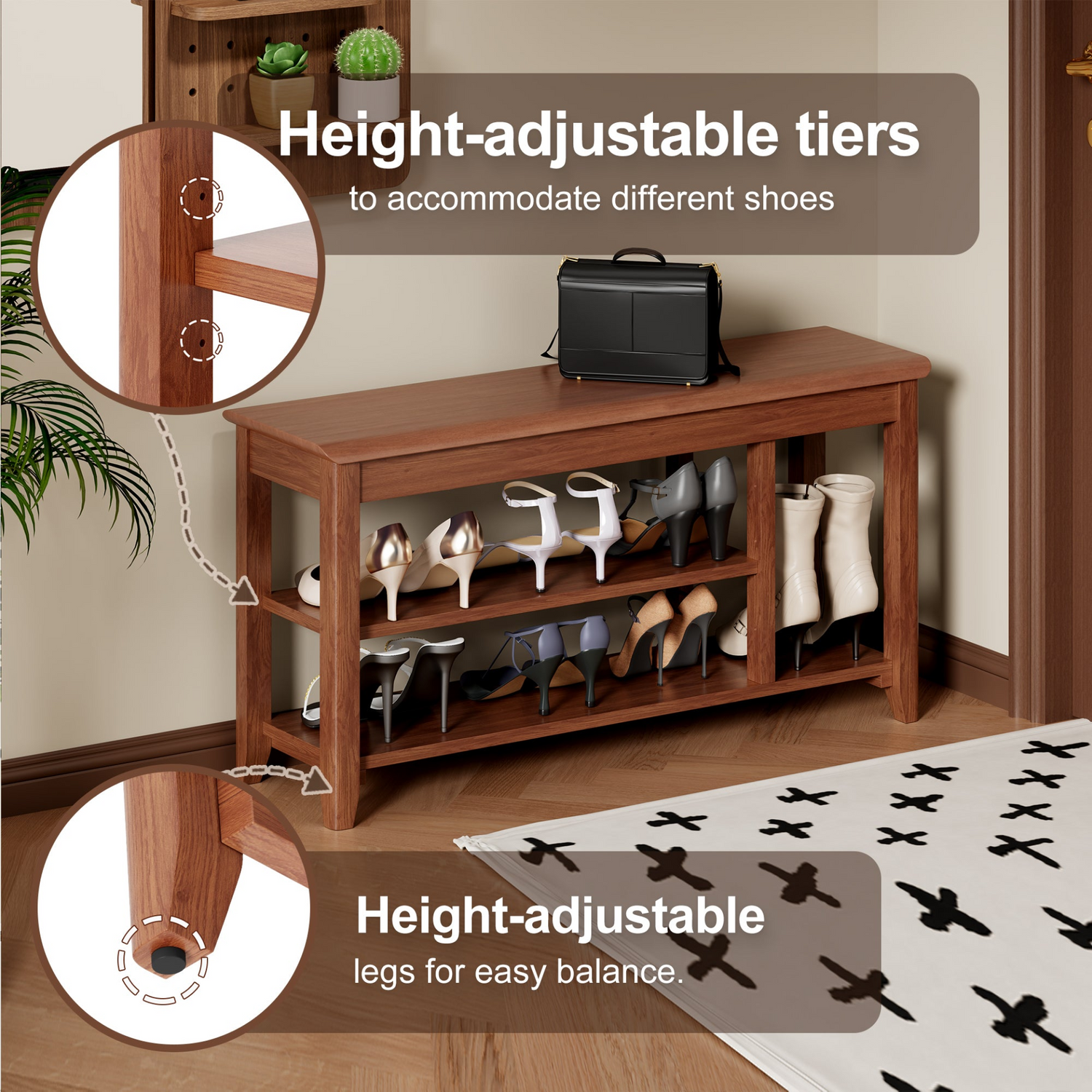 Full-length rotating mirror with coat rack in walnut wood, featuring storage and adjustable height for bedroom, entryway, or dressing.