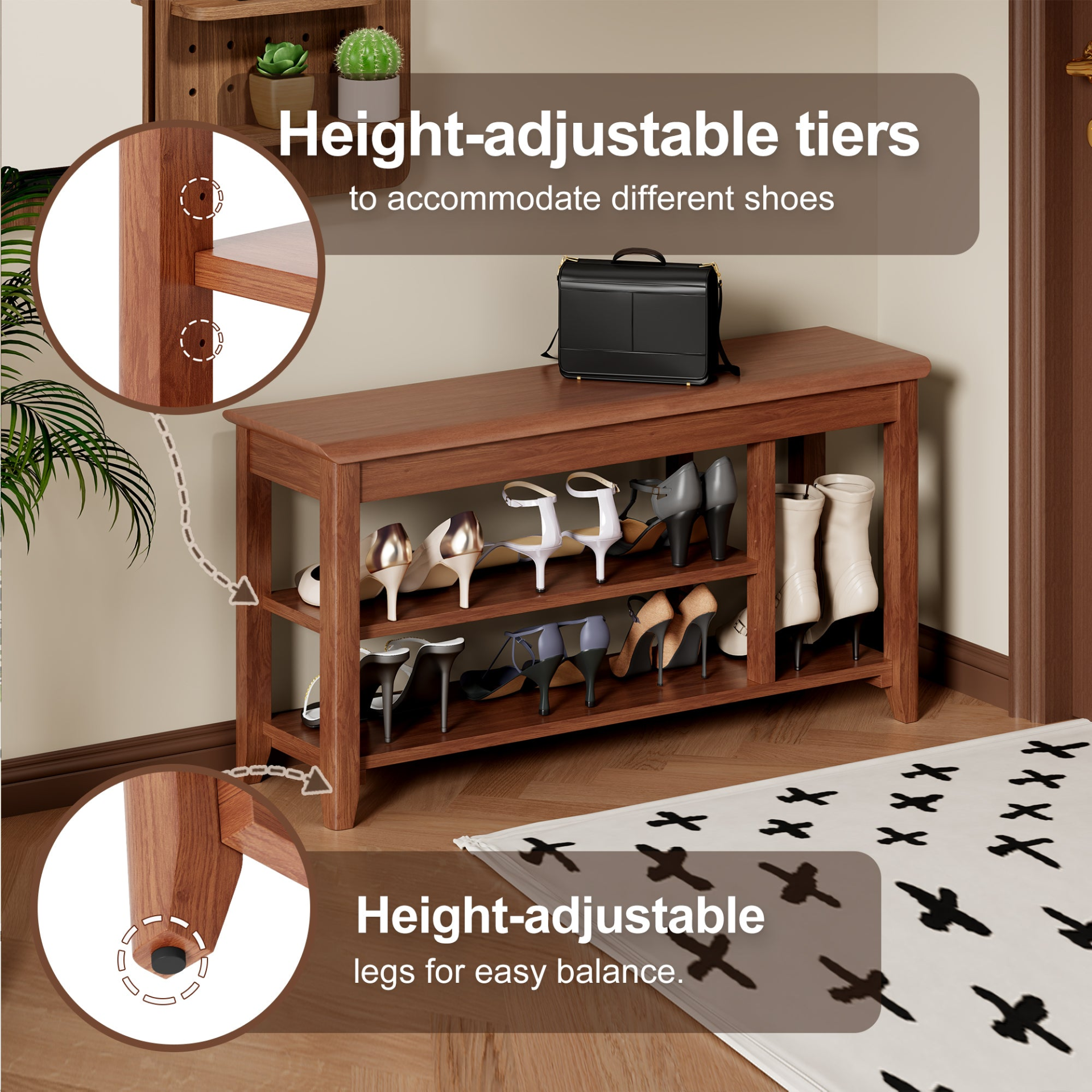 Full-length rotating mirror with coat rack in walnut wood, featuring storage and adjustable height for bedroom, entryway, or dressing.