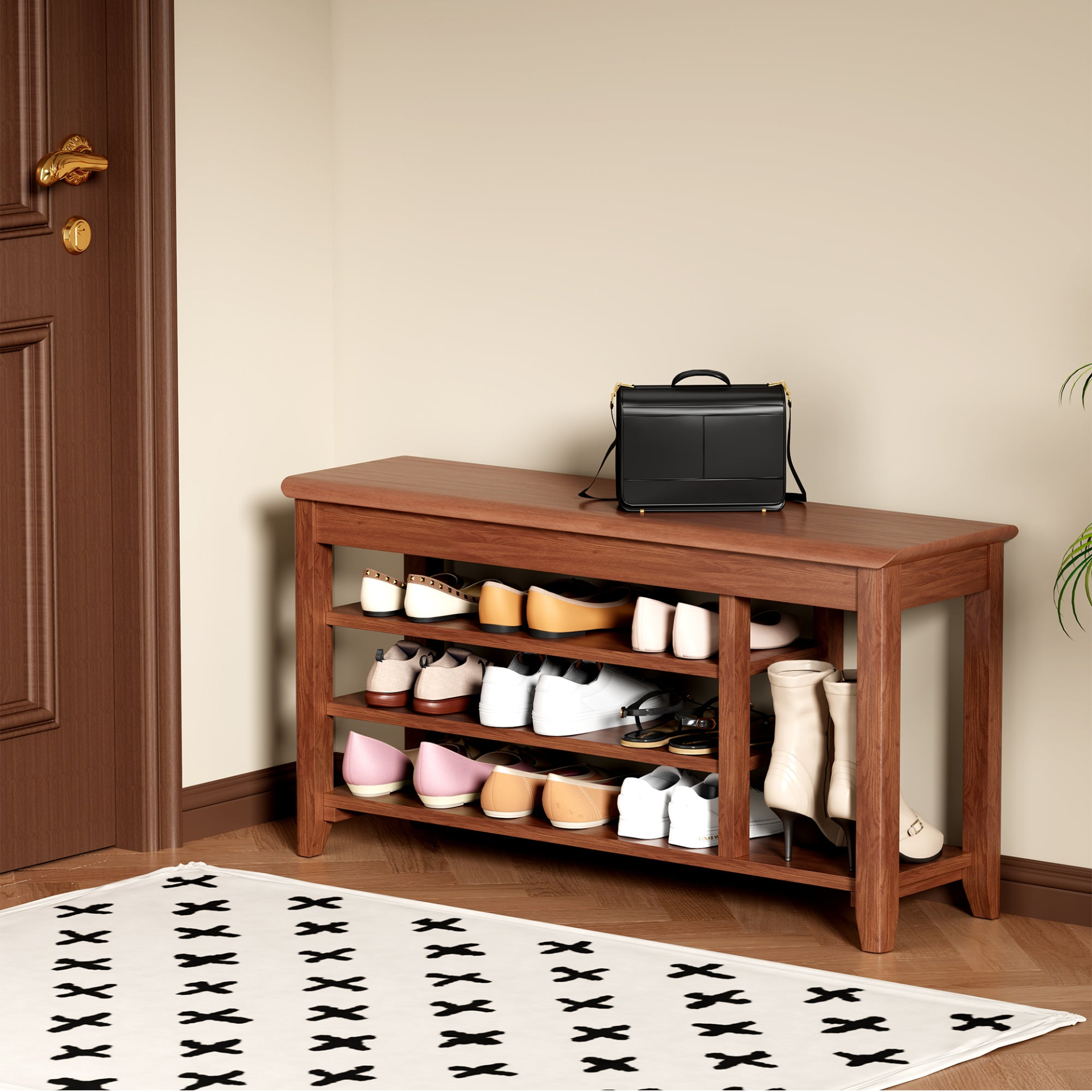 Full-length walnut finish rotating mirror with coat rack and storage, includes adjustable height in 31.5 and 39.4 inches for home use