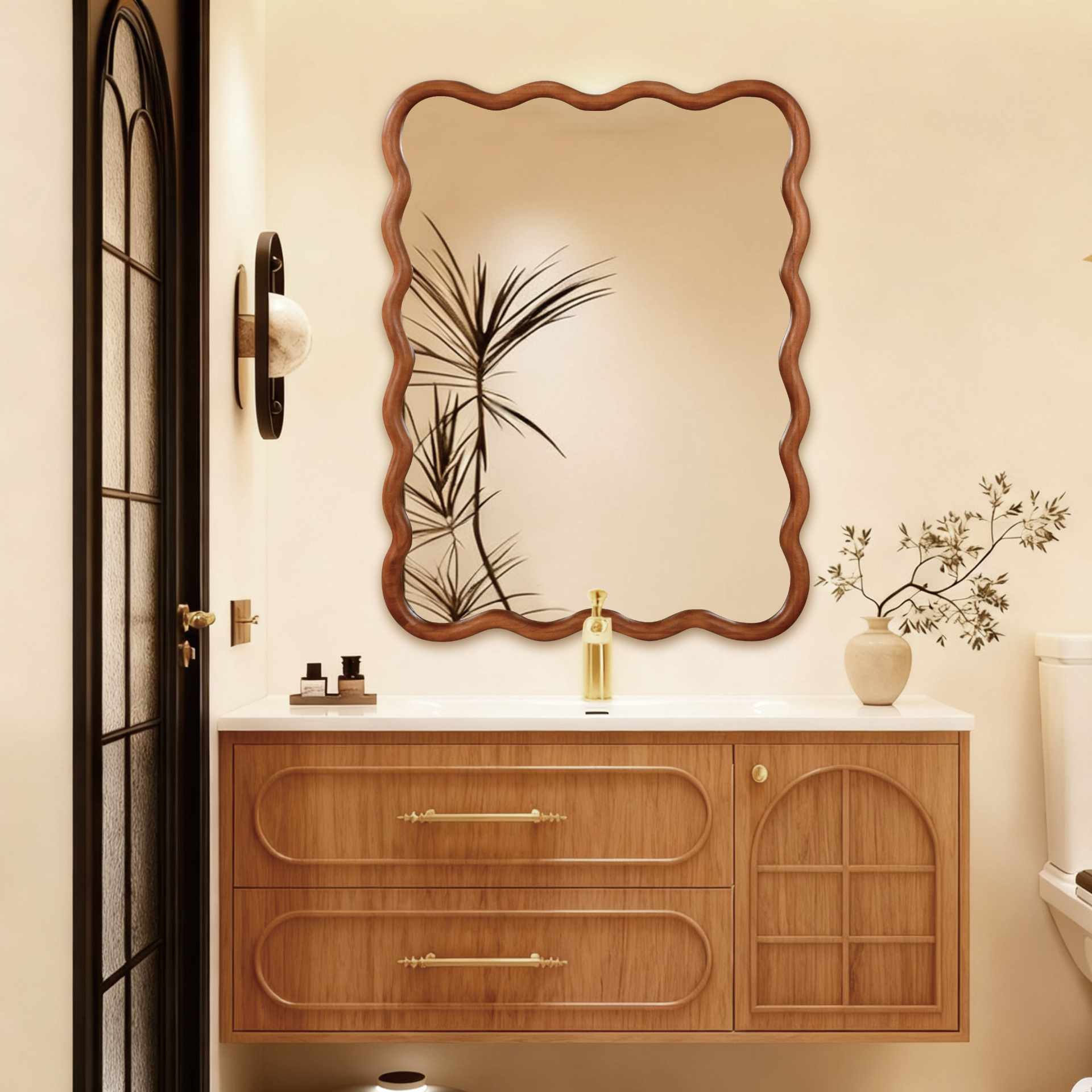 Wavy solid wood wall mirror with curved frame, ideal for bathroom, bedroom, or entryway decor.