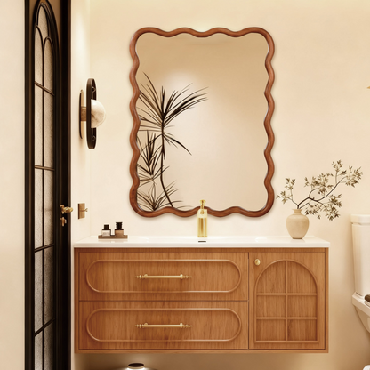 Wavy solid wood wall mirror with curved frame, ideal for bathroom, bedroom, or entryway decor.