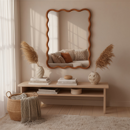 Wavy solid wood wall mirror with curved frame, suitable for bathroom, bedroom, or entryway, by Start2Finish.